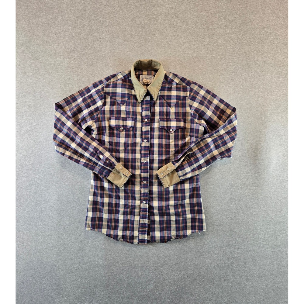 Rockmount Ranch Wear Western Shirt Womens 32 S Blue Plaid Pearl Snap Vintage 70s
